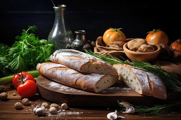 un pan cortado en una tabla de cortar con verduras y especias