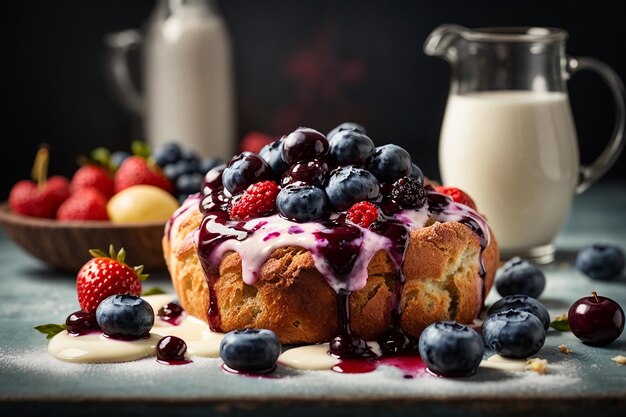 Pan danés fresco con leche y frutas salsa de cereza de arándano servida con leche