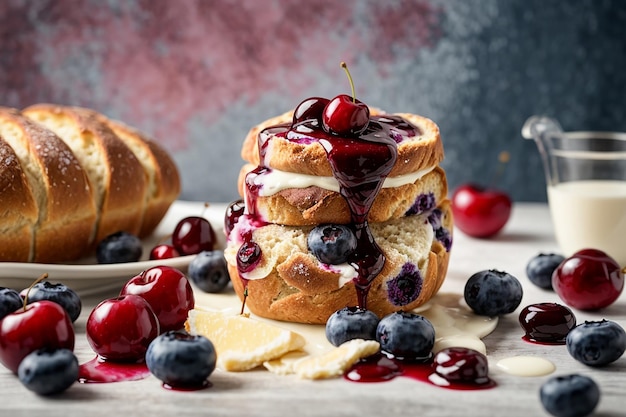 Pan danés fresco con leche y frutas salsa de cereza de arándanos servida con leche