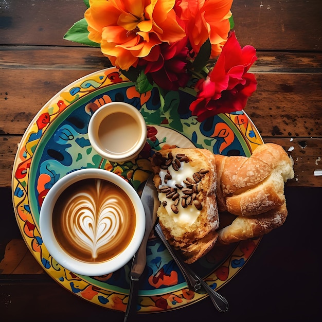 Foto pan de desayuno con café.