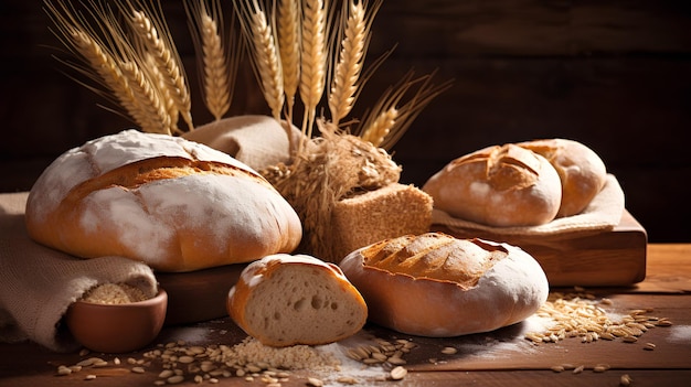 El pan estaba en la mesa de madera con el trigo.