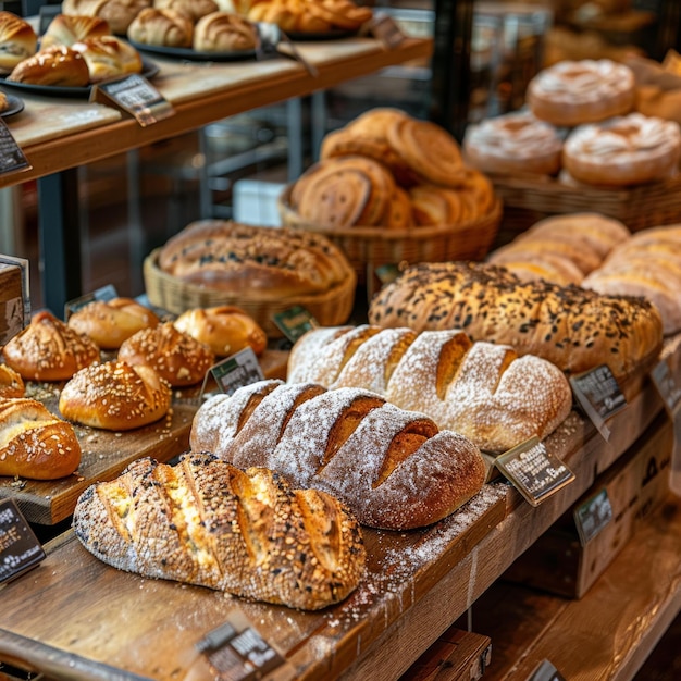 Pan en un estante de madera en una panadería