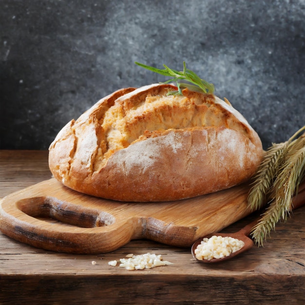 Pan fresco de la cosecha y espigas de trigo sobre una mesa de madera