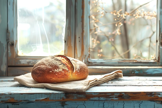 Un pan fresco se encuentra en una toalla blanca en un viejo alféizar de madera