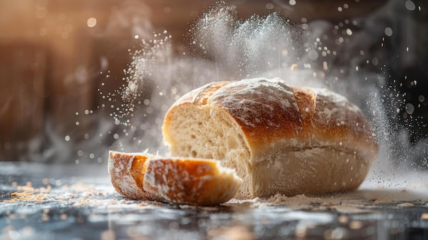 Un pan fresco de pan fermentado que se rompe con el vapor que se escapa