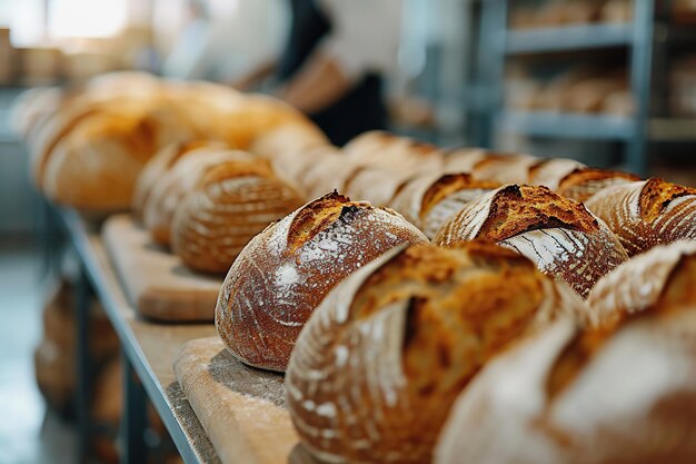 Foto pan fresco en la producción artesanal de pan de panadería