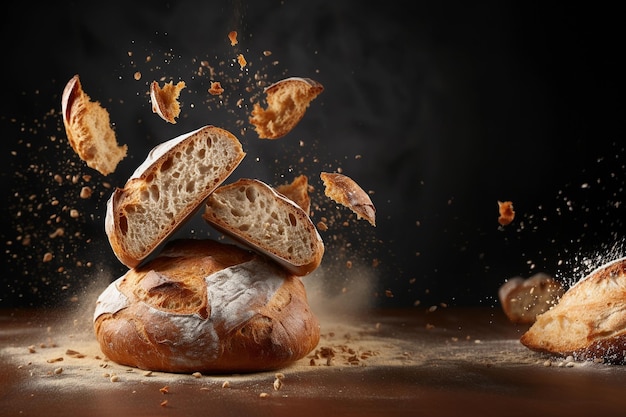 Foto pan fresco volando y levitando en la mesa de primer plano en el lugar de la harina concepto de panadería tradicional