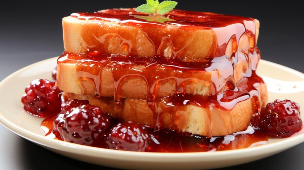 Foto un pan con gelatina en un plato sobre fondo blanco.