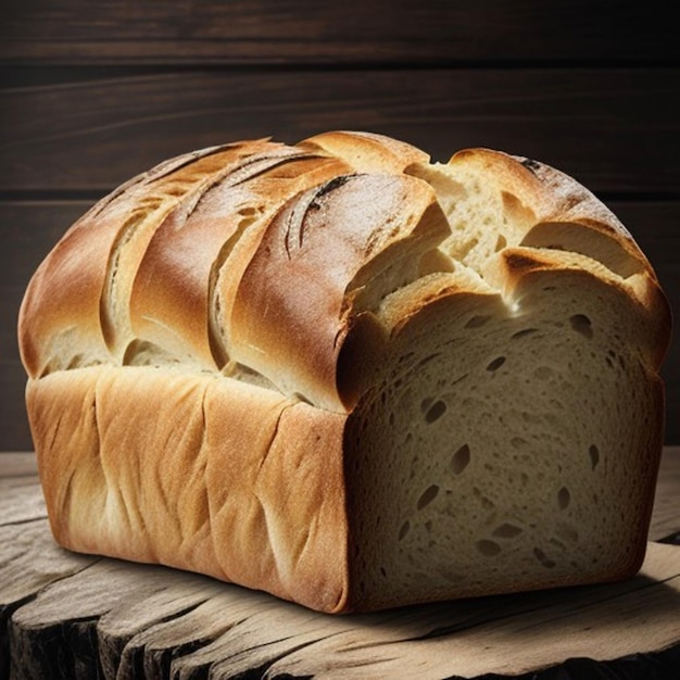 un pan con un grano entero de pan en una mesa de madera.