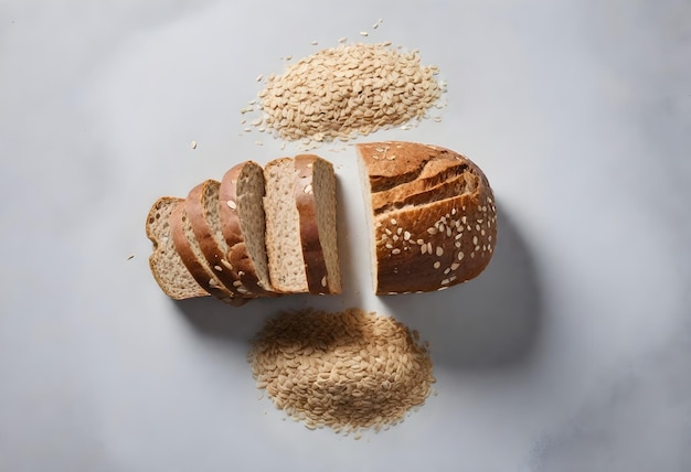 Pan de grano entero en rodajas con avena y harina esparcidas en una superficie ligera
