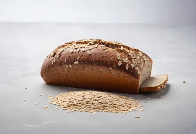 Pan de grano entero en rodajas con avena y harina esparcidas en una superficie ligera