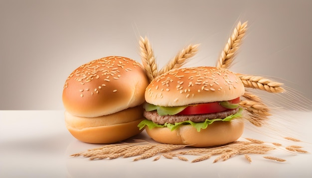 pan de hamburguesa o rollo y grano de trigo aislado sobre fondo blanco