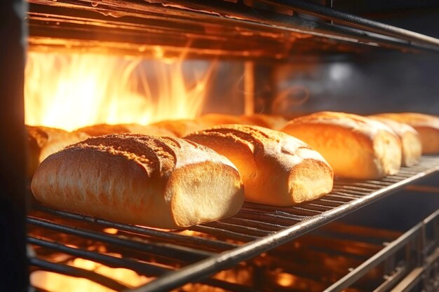 Pan en el horno en una panadería Producción y horno de pan fresco Horno industrial Horno de pan Huevo humo y vapor Primer plano