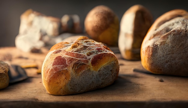 Pan italiano rústico hecho a mano horneado en la mesa de madera rústica telón de fondo de panadería gourmet Ilustración