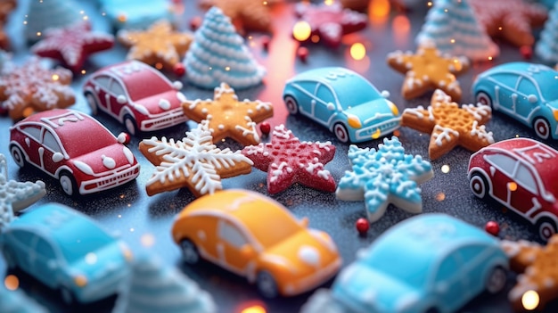 Pan de jengibre con azúcar en forma de coches estrellas y copos de nieve galletas de Navidad