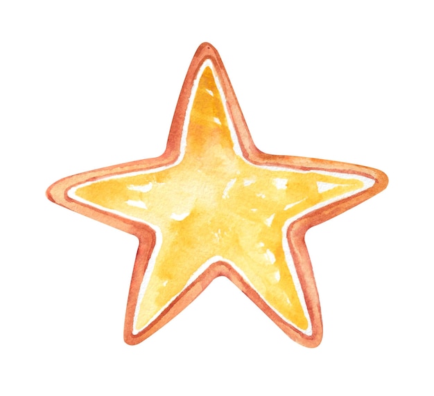 Pan de jengibre dulce de Navidad en forma de estrella con glaseado amarillo Ilustración dibujada en acuarela