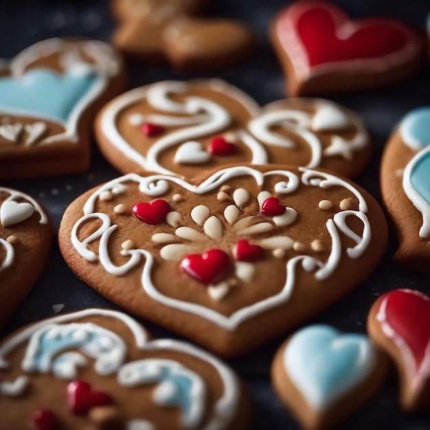 Pan de jengibre hecho a mano en forma de corazones de diferentes colores.