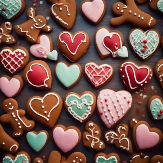 Pan de jengibre hecho a mano en forma de corazones de diferentes colores.