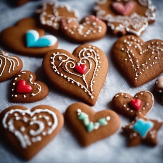 Pan de jengibre hecho a mano en forma de corazones de diferentes colores.