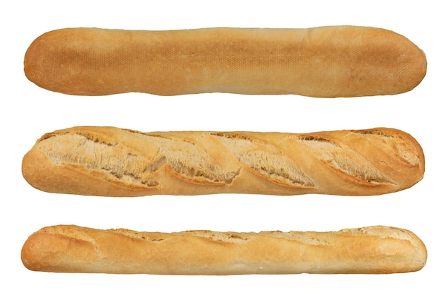 Foto el pan largo de baguette francés blanco aislado conjunto de baguettes blancas de diferentes lados sobre un fondo blanco aislado vista superior lateral inferior foto de alta calidad