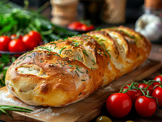 Un pan largo con hierbas y tomates en una tabla de cortar