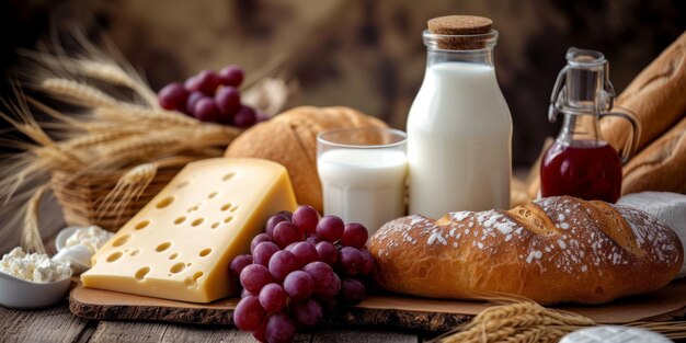 Foto pan de leche y productos kosher de queso ia generativa