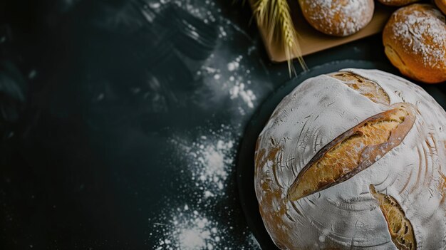 Pan de levadura artesanal sobre un fondo oscuro con polvo de harina