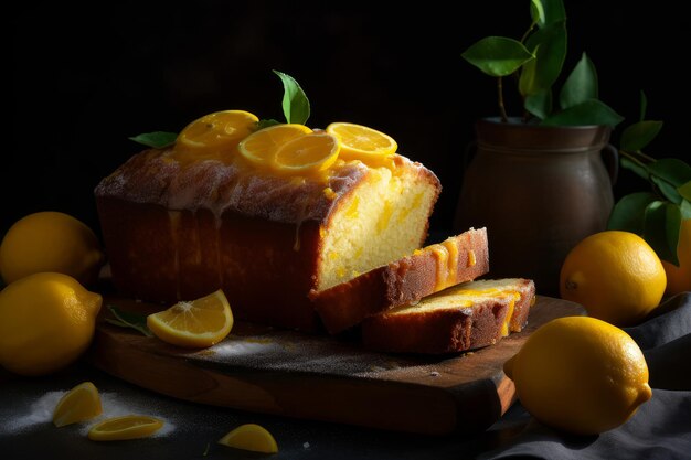 Un pan de limón con rodajas de limón en una tabla para cortar