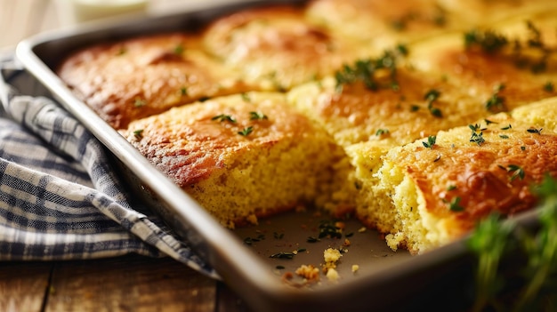 Pan de maíz herbinado en el plato de horneado