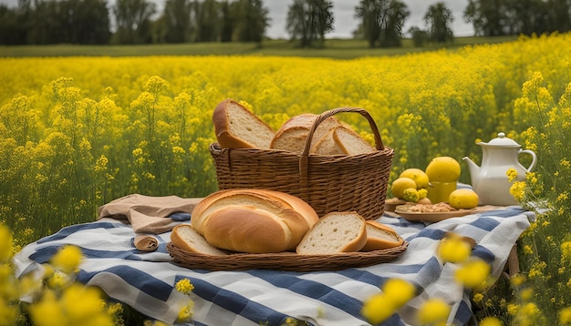 pan y mantequilla en un campo con una flor amarilla en el fondo