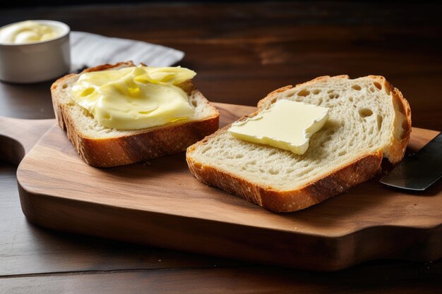 Pan con mantequilla en una tabla de madera