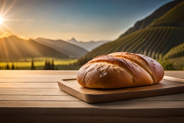 Pan marrón e hinchado sobre la mesa con un poco de sésamo y harina