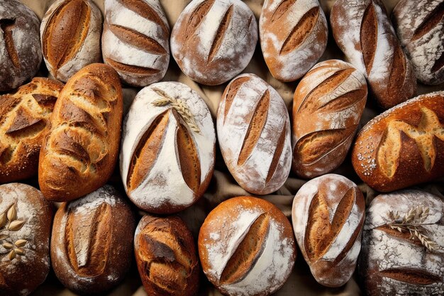 Pan de masa fermentada recién horneado hecho a mano con corteza dorada vista superior concepto de panadería tienda de panadería