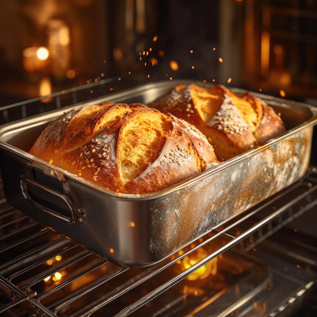 Foto pan de masa madre crujiente horneado en el horno preparación de pan ia generativa