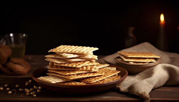 Pan de matzá tradicional sobre mesa de madera rústica