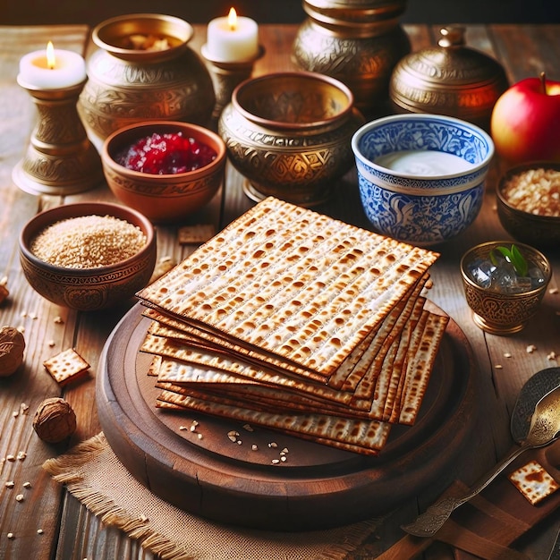 El pan matzah tradicional en la mesa de madera