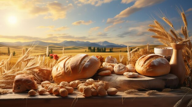 Foto pan en una mesa de madera en un campo de trigo con el fondo del cielo al atardecer