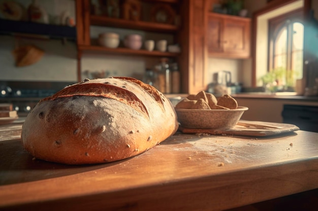 Pan multigrano integral orgánico y saludable hecho en casa sobre una mesa de madera generada por IA