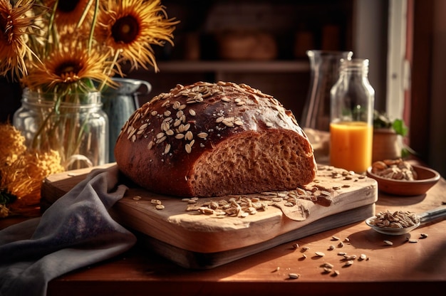 Pan multigrano integral orgánico y saludable hecho en casa sobre una mesa de madera generada por IA