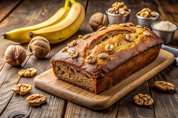 un pan con nueces y un plato de plátanos en una mesa de madera con una tabla de cortar