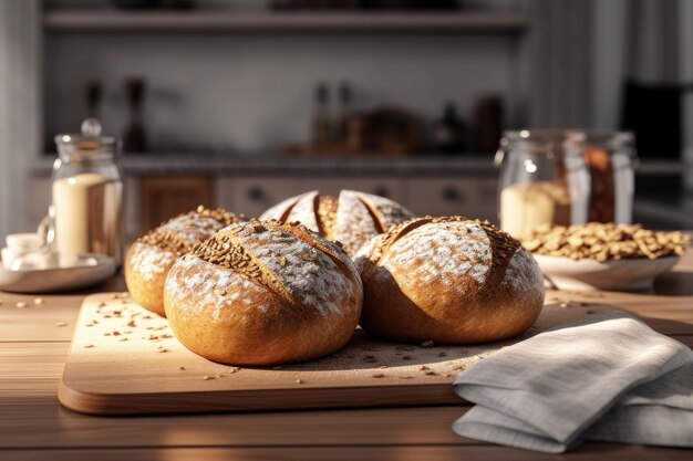 Un pan de pan fermentado recién horneado con hierbas y condimentos en una mesa de la cocina - generado por la IA