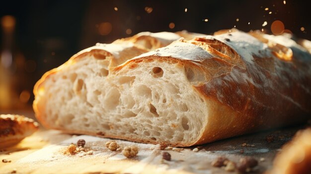 Pan de pan rústico crujiente recién horneado y rebanado harina pulverizada AI Contenido generado