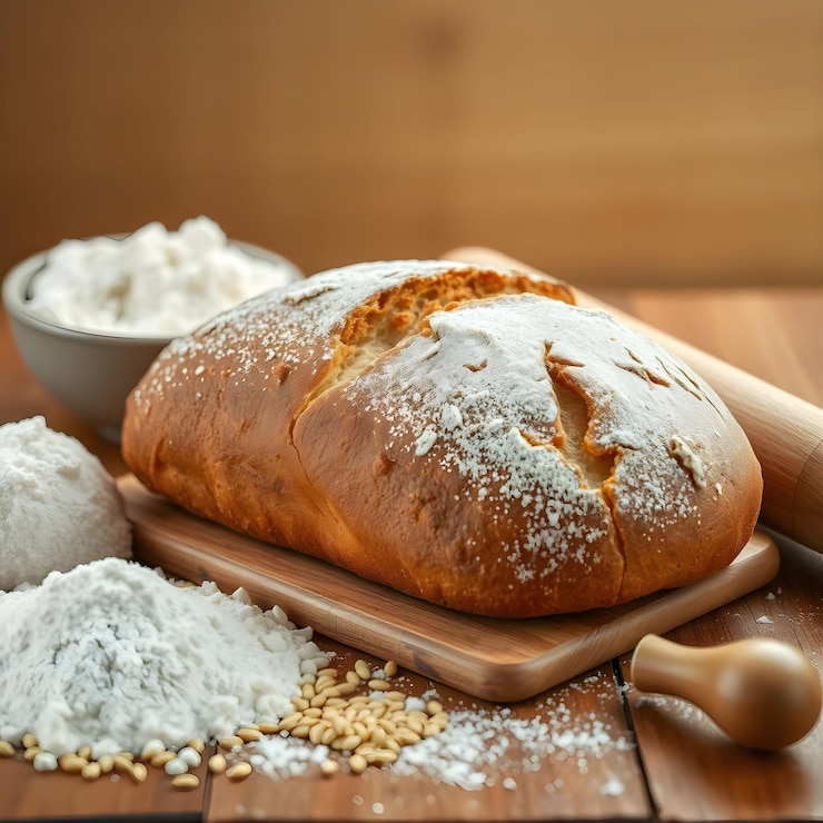 pan y pan en una tabla de cortar con una cuchara de madera