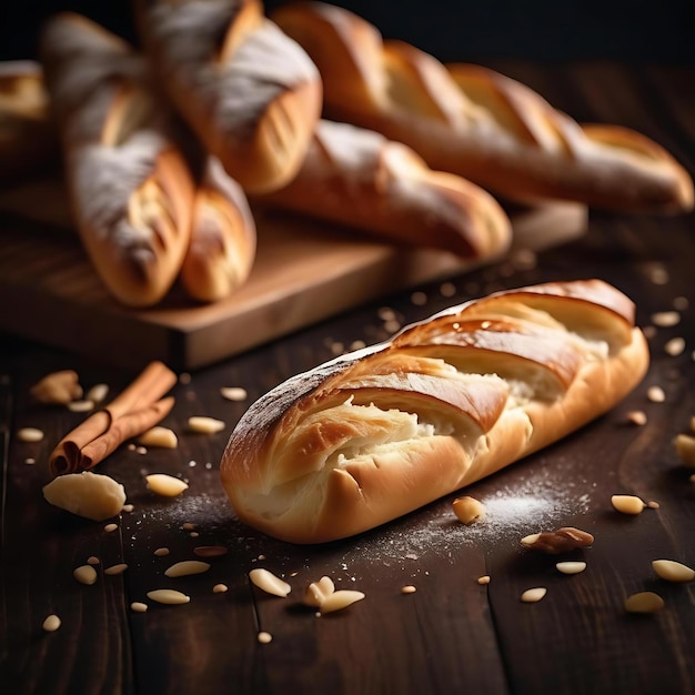 pan y pan en una tabla de cortar con nueces y semillas