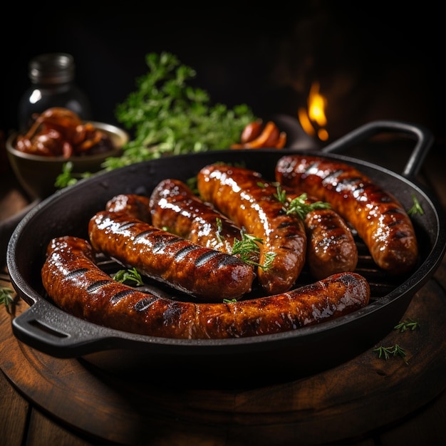 Pan a la parrilla con deliciosas salchichas a la parrilla en la mesa