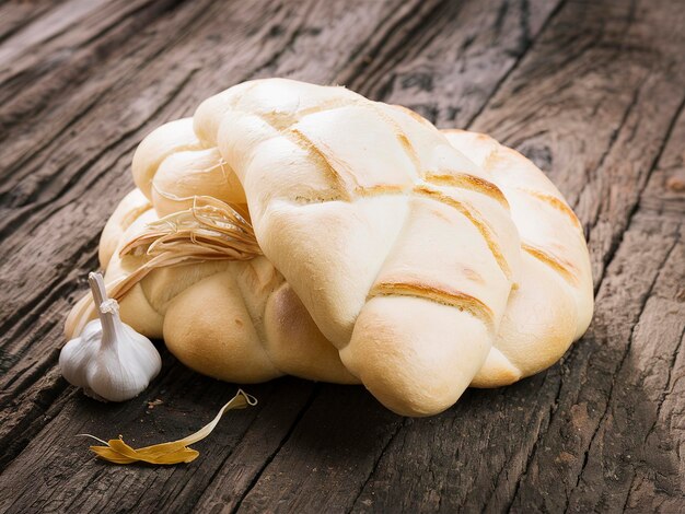 Foto pan de pascua con ajo sobre un fondo de madera