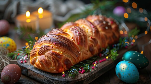 Pan de Pascua, codornices, huevos de colores y velas en una mesa de madera.