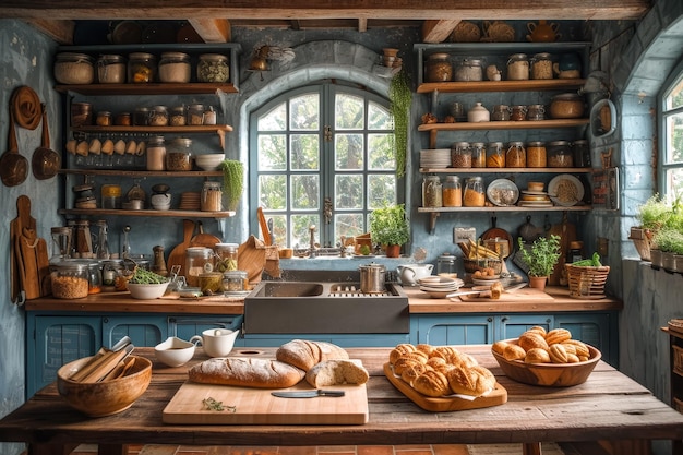 pan y pasteles caseros recién horneados en una cocina rústica acogedora