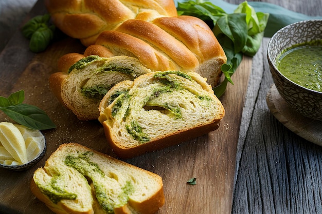 Pan de pesto de albahaca trenzado casero cortado en una tabla de cortar