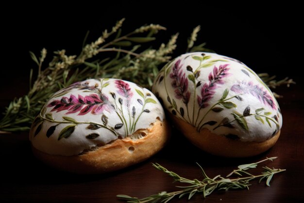 Pan pintado de cerca decorado con flores Pan de lechuga recién horneado hecho a mano